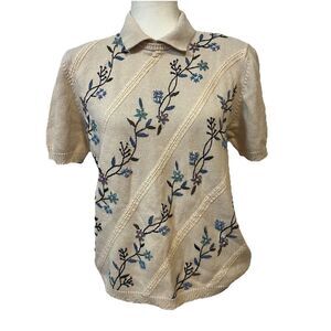 Alfred Dunner Women's Small‎ Floral Embroidered Pullover Sweater Ivory Collar